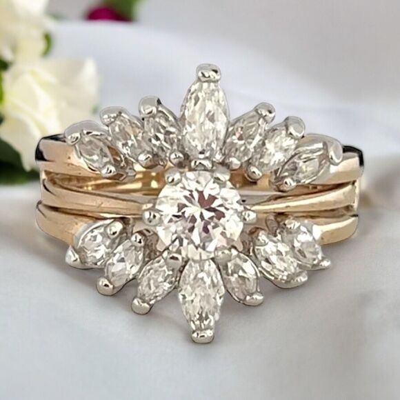 Vintage Wedding Ring Set  Size 9 Cubic Zirconia 14K Gold Plate Mid-Century 14F - Picture 3 of 12